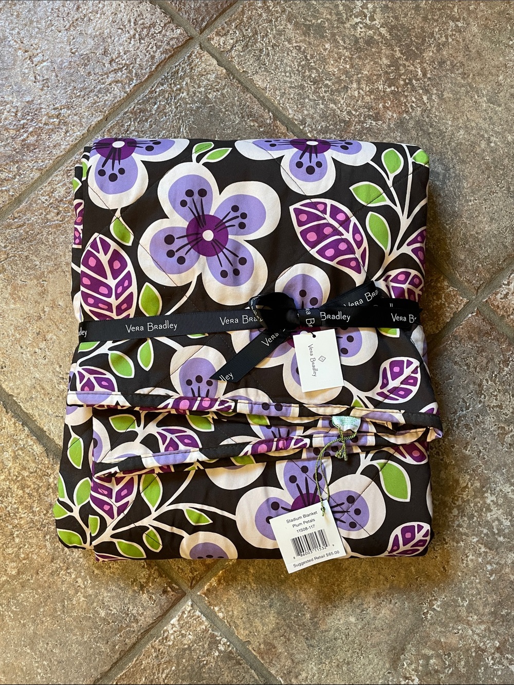 Vera Bradley stadium blanket  with Purple Flowers and Green Leaves-Plum Petals